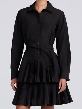 Derek Lam Black Long-Sleeve Pleated Tiered Shirt Dress